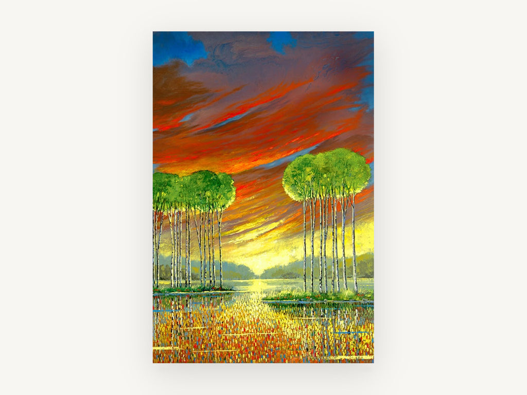 Ember Sky Birches, tall trees fiery sunset landscape, landscape canvas wall art print, front view