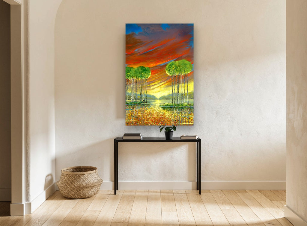 Ember Sky Birches landscape canvas print on the wall of a hallway