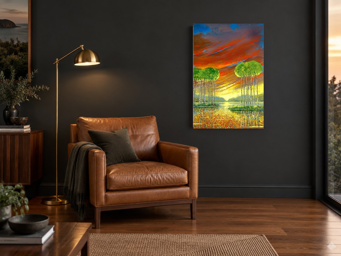 Ember Sky Birches landscape canvas print on the wall of a charcoal living room
