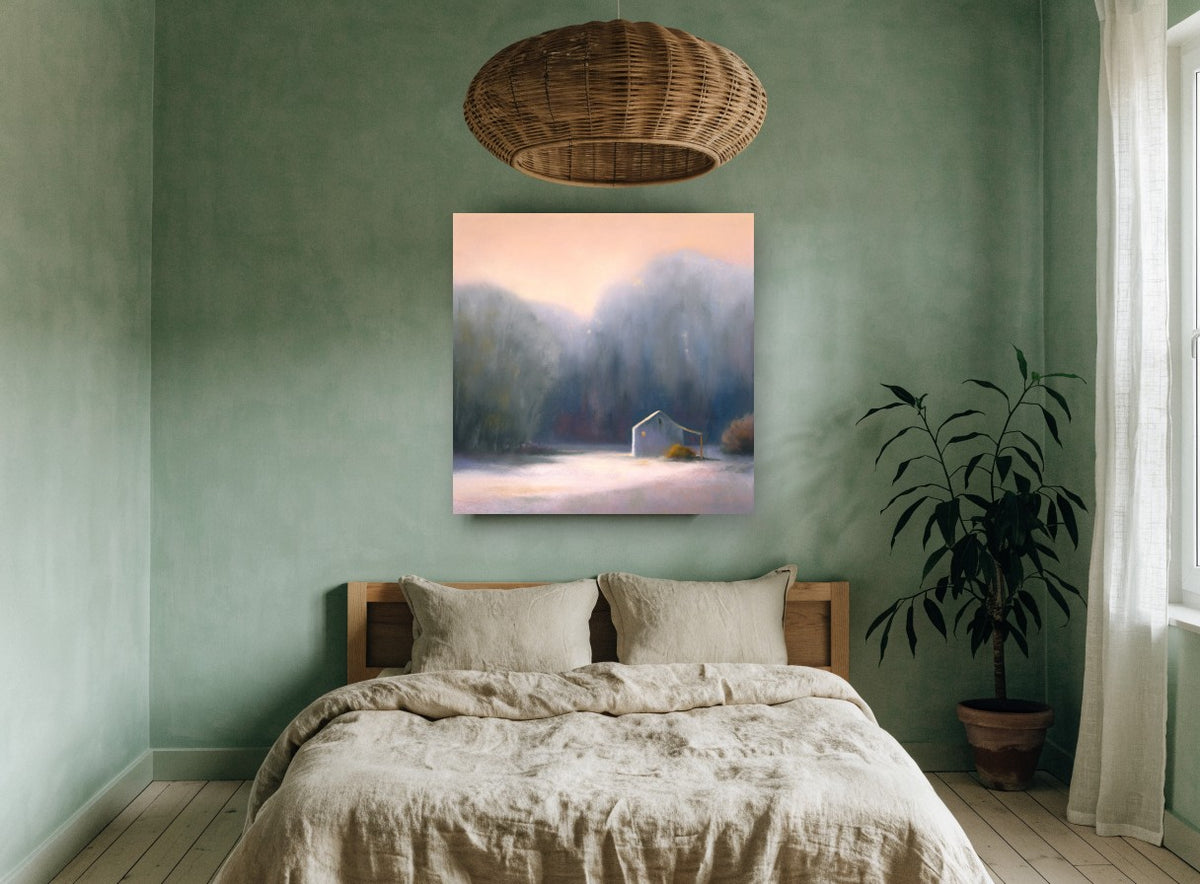 Dawn Light Barn landscape canvas print on the wall of a bedroom