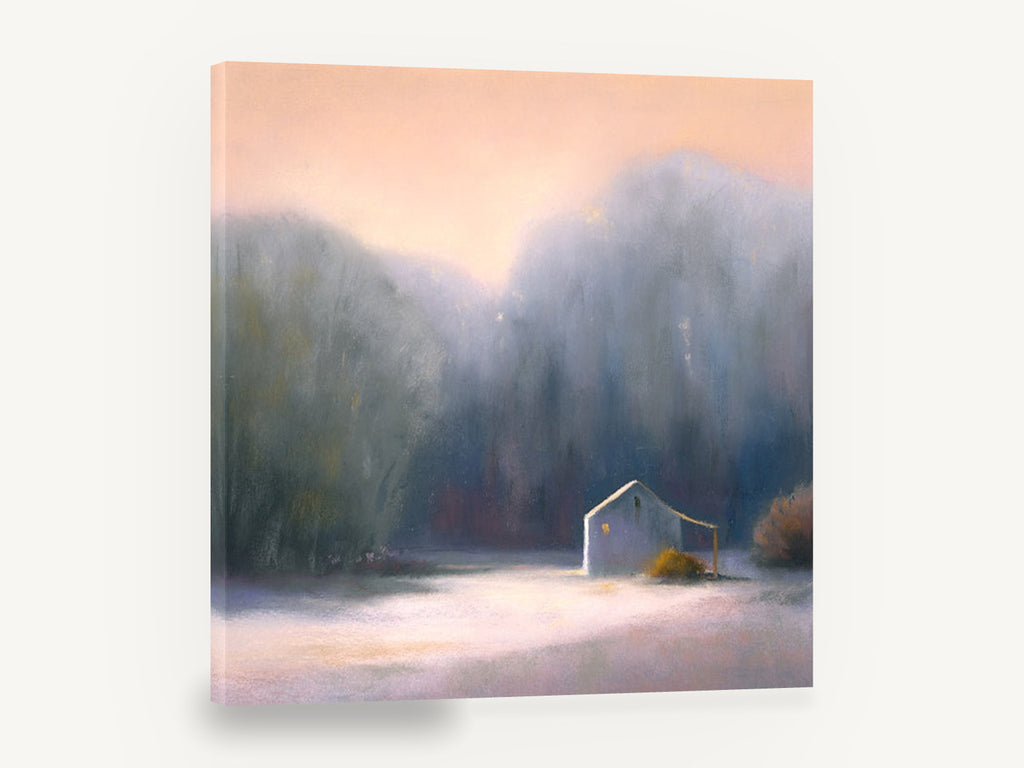Dawn Light Barn, misty woodland cabin pastel landscape, landscape canvas wall art print ready to hang