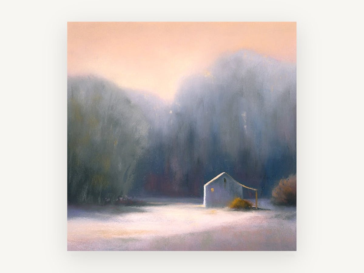 Dawn Light Barn, misty woodland cabin pastel landscape, landscape canvas wall art print, front view