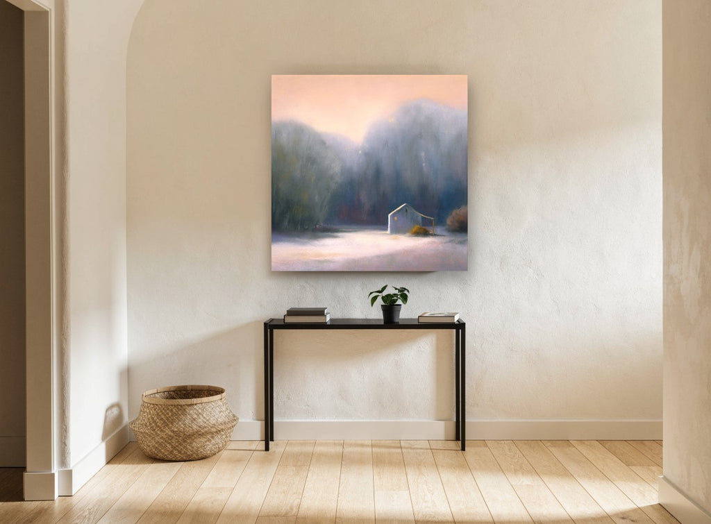 Dawn Light Barn landscape canvas print on the wall of a hallway