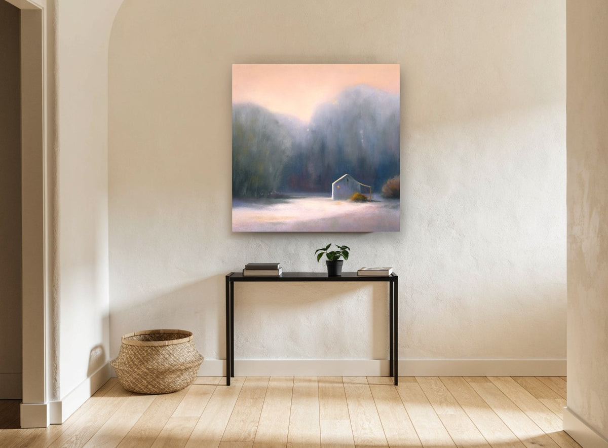 Dawn Light Barn landscape canvas print on the wall of a hallway