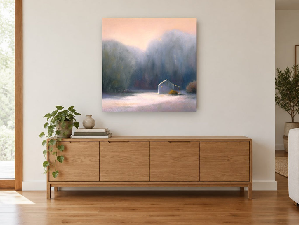 Dawn Light Barn landscape canvas print on the wall of a living room above a sideboard