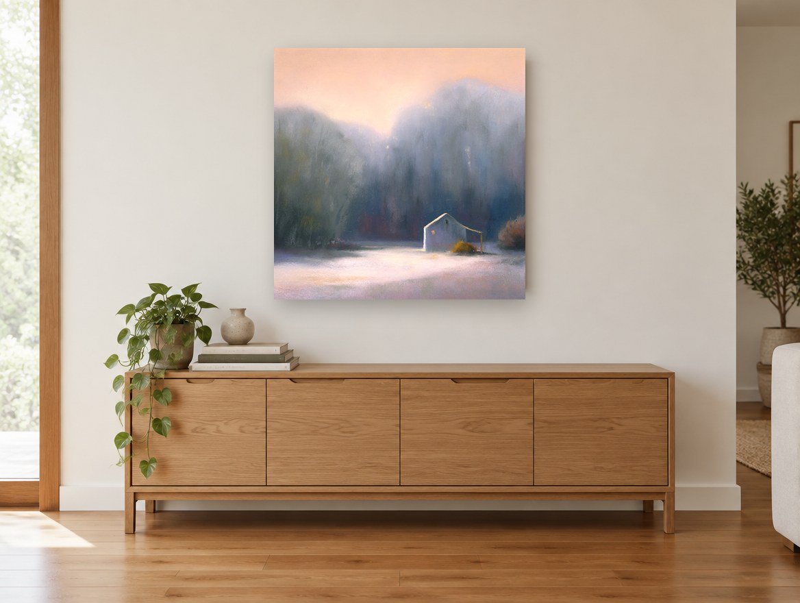 Dawn Light Barn landscape canvas print on the wall of a living room above a sideboard