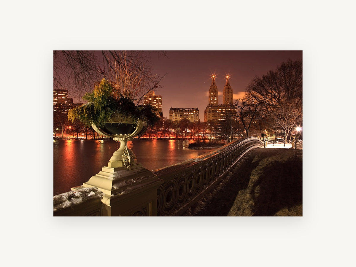 Bow Bridge After Snow, central park bow bridge winter night photograph, city canvas wall art print, front view