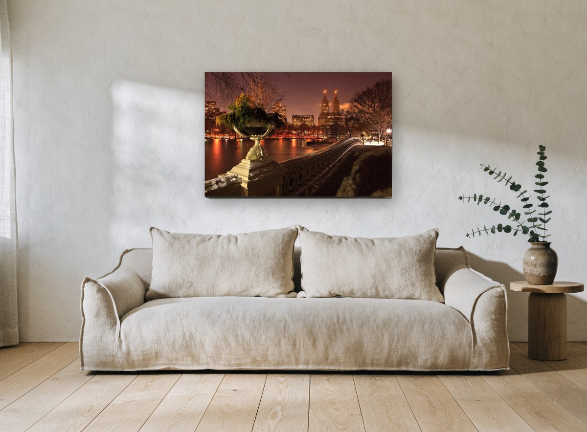 Bow Bridge After Snow city canvas print on the wall of a living room