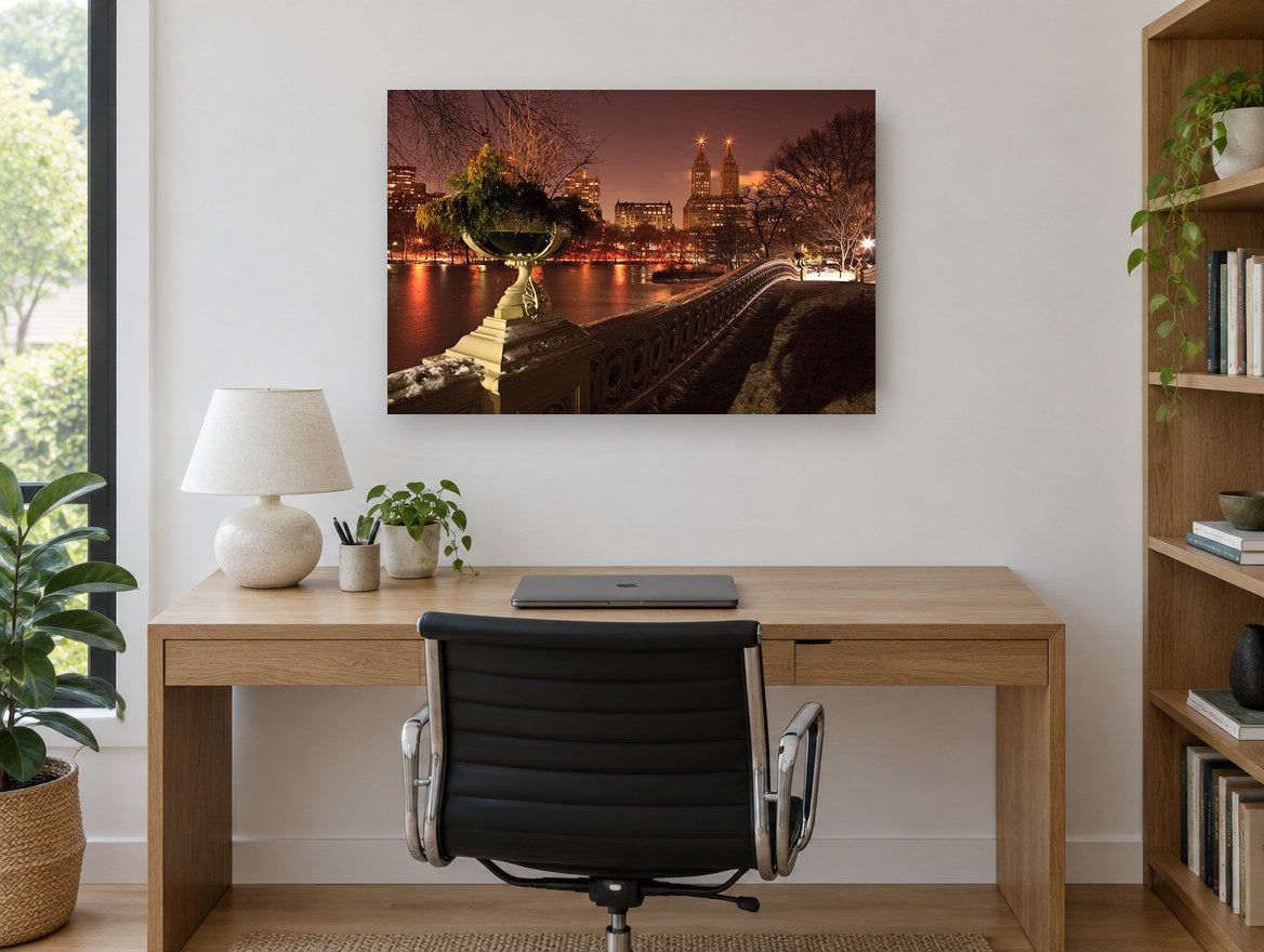 Bow Bridge After Snow city canvas print on the wall of a study