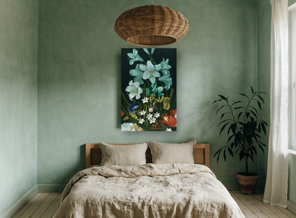 Lilies in the Dark floral canvas print on the wall of a bedroom