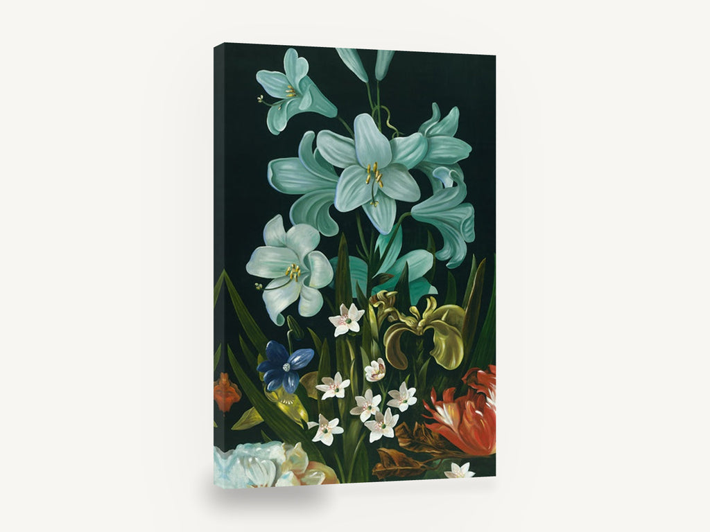 Lilies in the Dark, pale lilies dark floral still life, floral canvas wall art print ready to hang