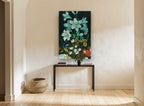 Lilies in the Dark floral canvas print on the wall of a hallway