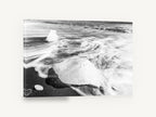 Ice on Black Sand, iceberg black sand beach black and white, coastal canvas wall art print ready to hang