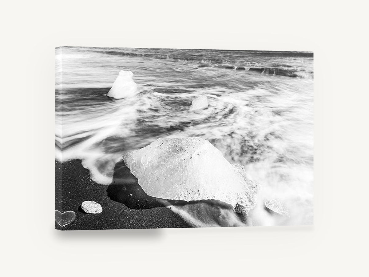 Ice on Black Sand, iceberg black sand beach black and white, coastal canvas wall art print ready to hang