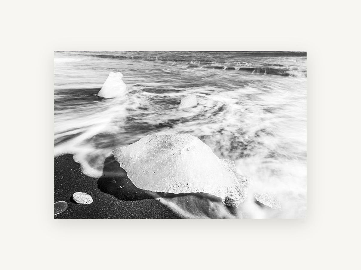 Ice on Black Sand, coastal canvas wall art print, front view