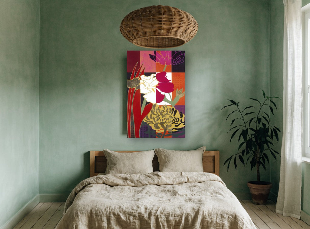 Summer Flowers on Colour Grid floral canvas print on the wall of a bedroom