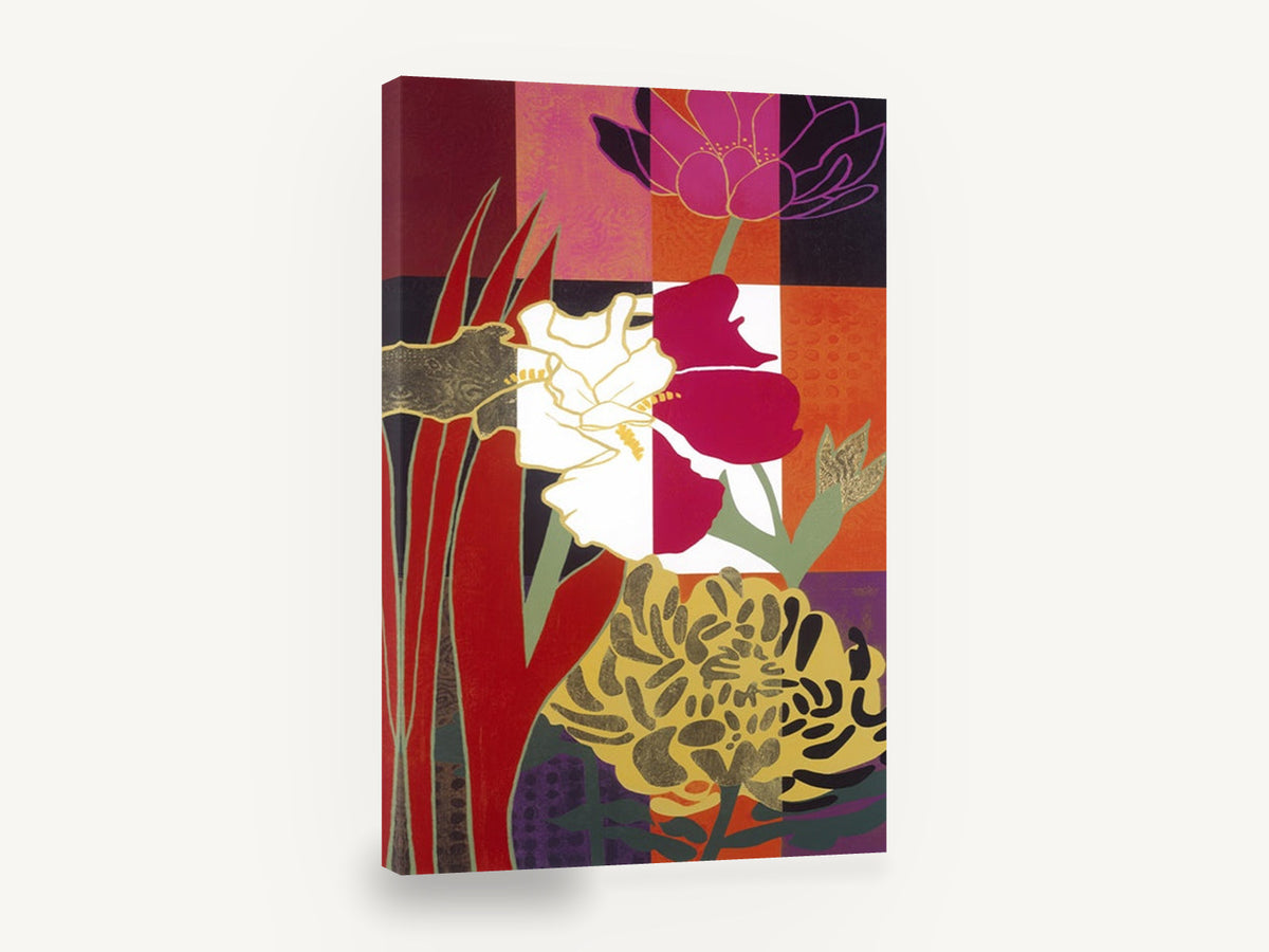 Summer Flowers on Colour Grid, bold floral colour block contemporary art, floral canvas wall art print ready to hang