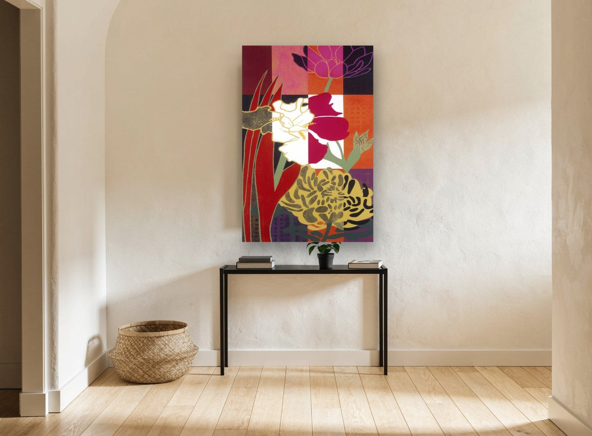 Summer Flowers on Colour Grid floral canvas print on the wall of a hallway