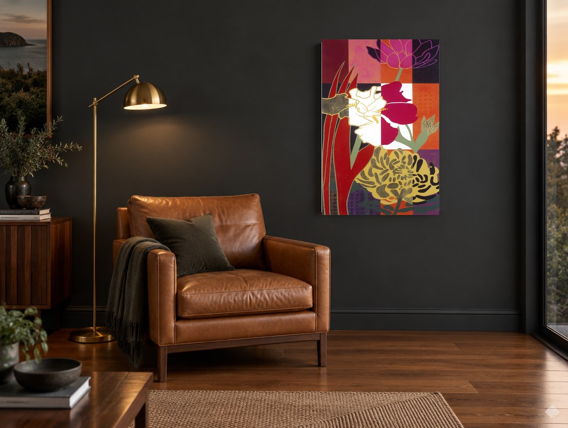 Summer Flowers on Colour Grid floral canvas print on the wall of a charcoal living room