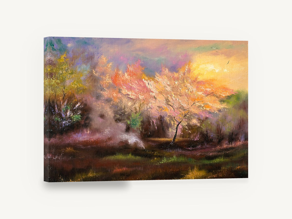 Blossom Glow Clearing, blossoming tree sunset landscape painting, landscape canvas wall art print ready to hang