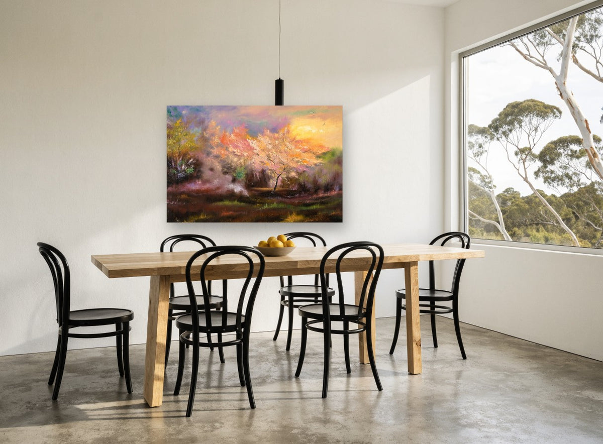 Blossom Glow Clearing landscape canvas print on the wall of a dining room