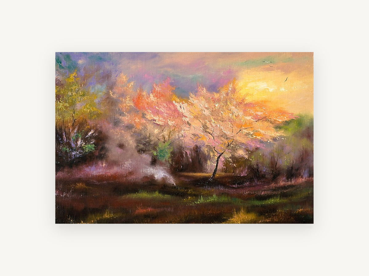 Blossom Glow Clearing, blossoming tree sunset landscape painting, landscape canvas wall art print, front view