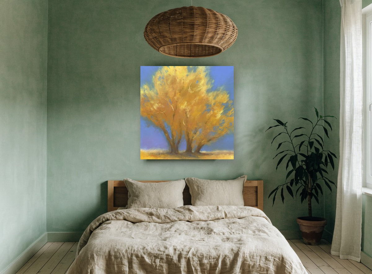 Golden Cottonwood Trio landscape canvas print on the wall of a bedroom