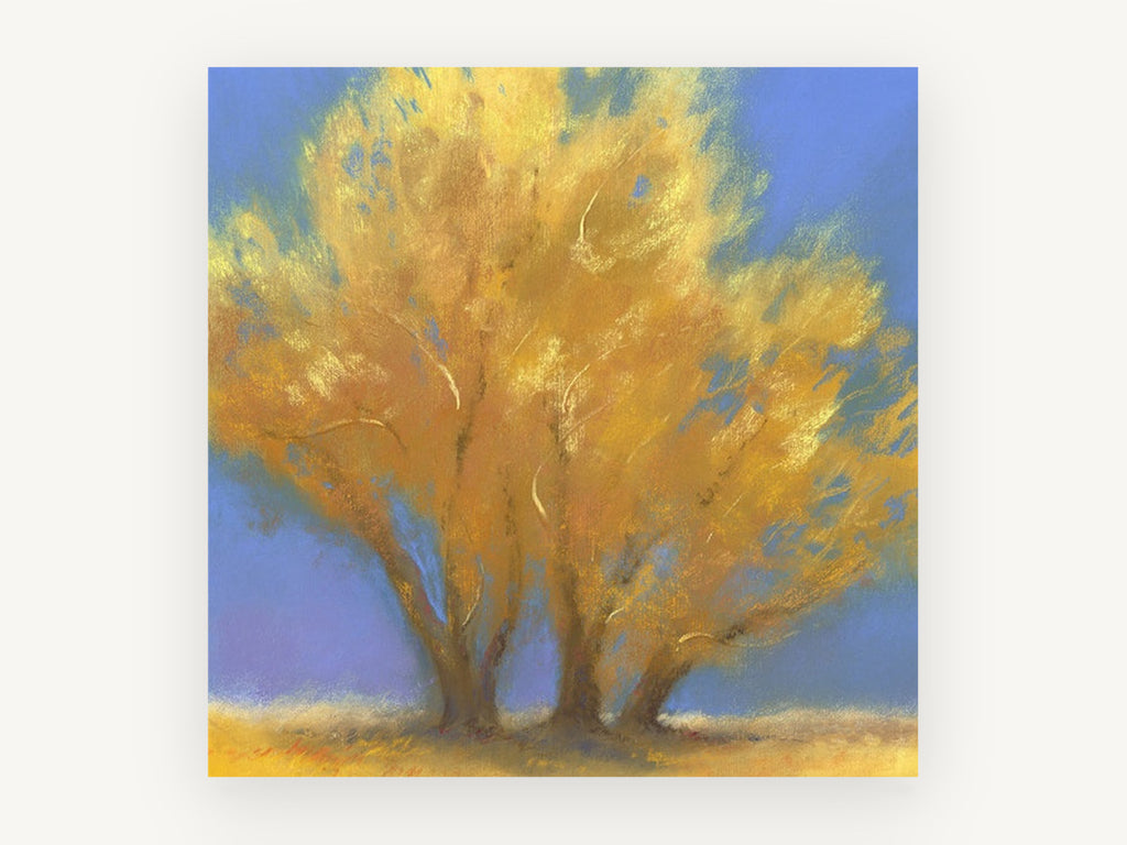 Golden Cottonwood Trio, golden autumn trees pastel artwork, landscape canvas wall art print, front view