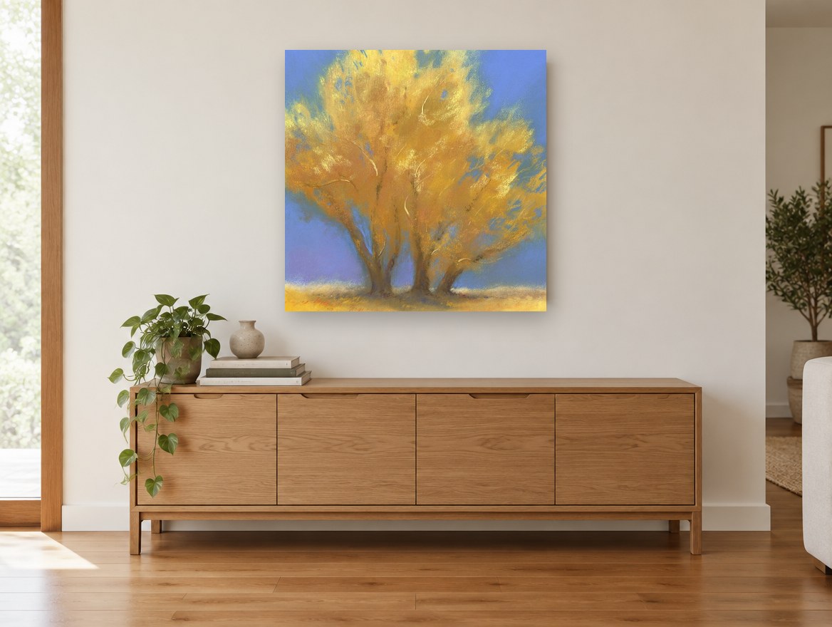 Golden Cottonwood Trio landscape canvas print on the wall of a living room above a sideboard