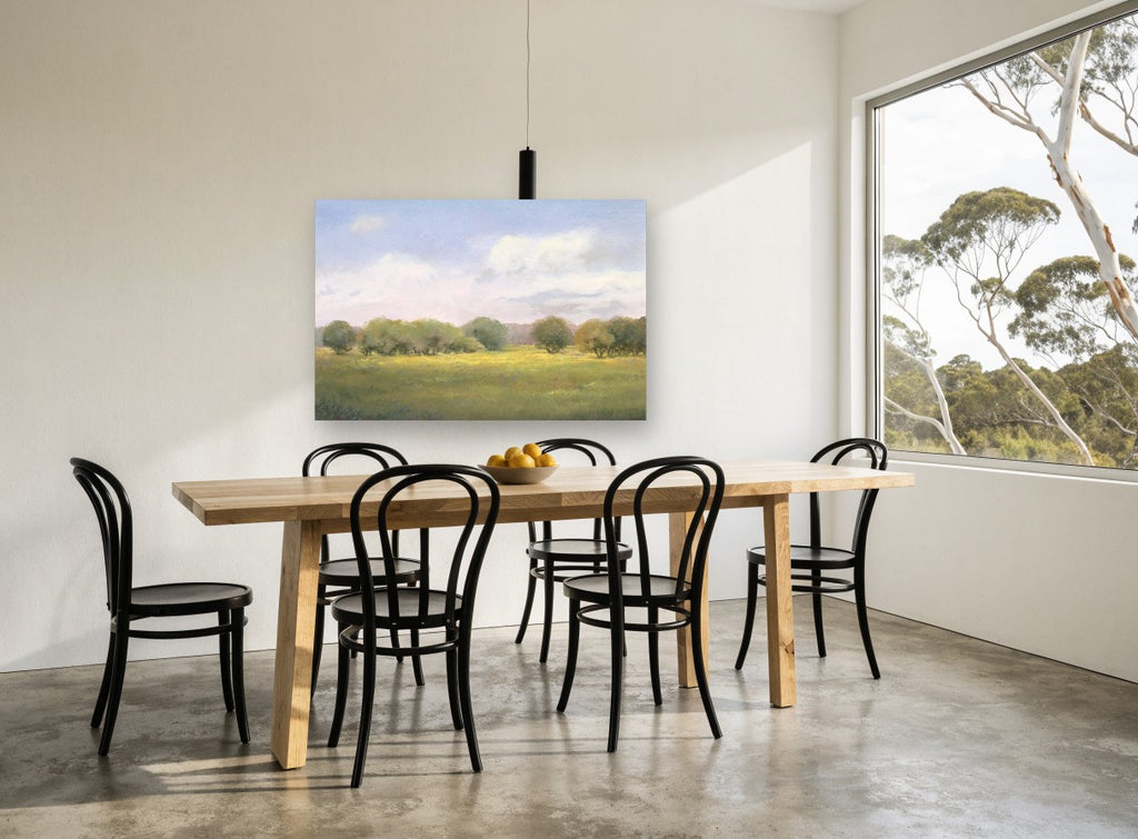Meadow Light landscape canvas print on the wall of a dining room