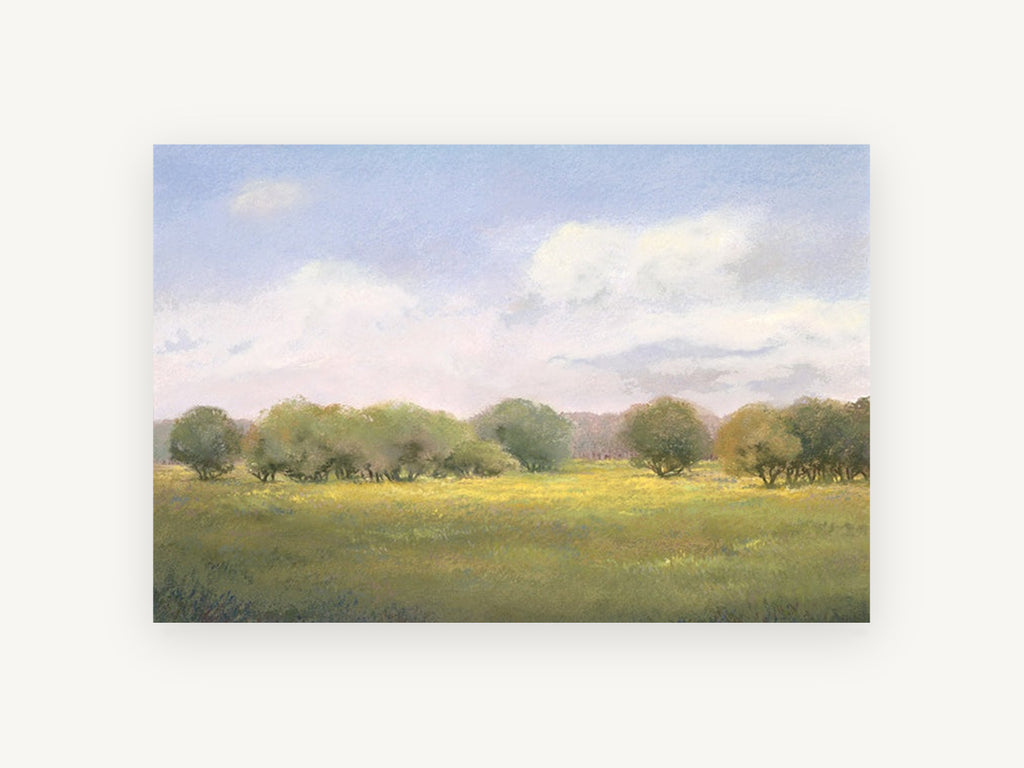 Meadow Light, sunlit meadow trees pastel landscape, landscape canvas wall art print, front view