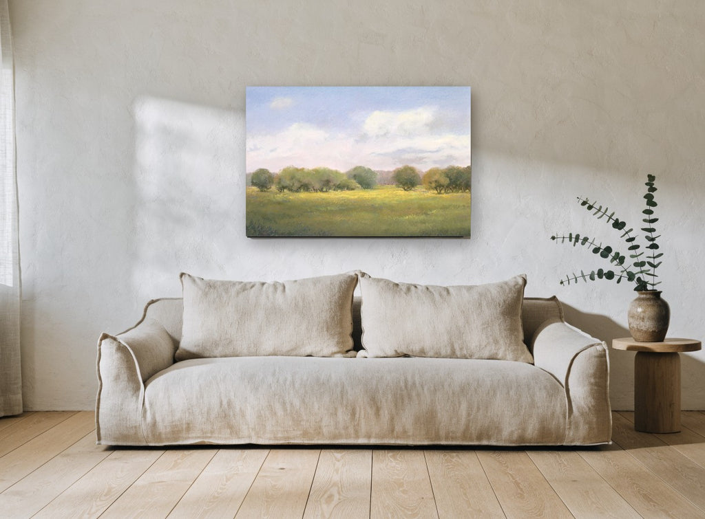 Meadow Light landscape canvas print on the wall of a living room