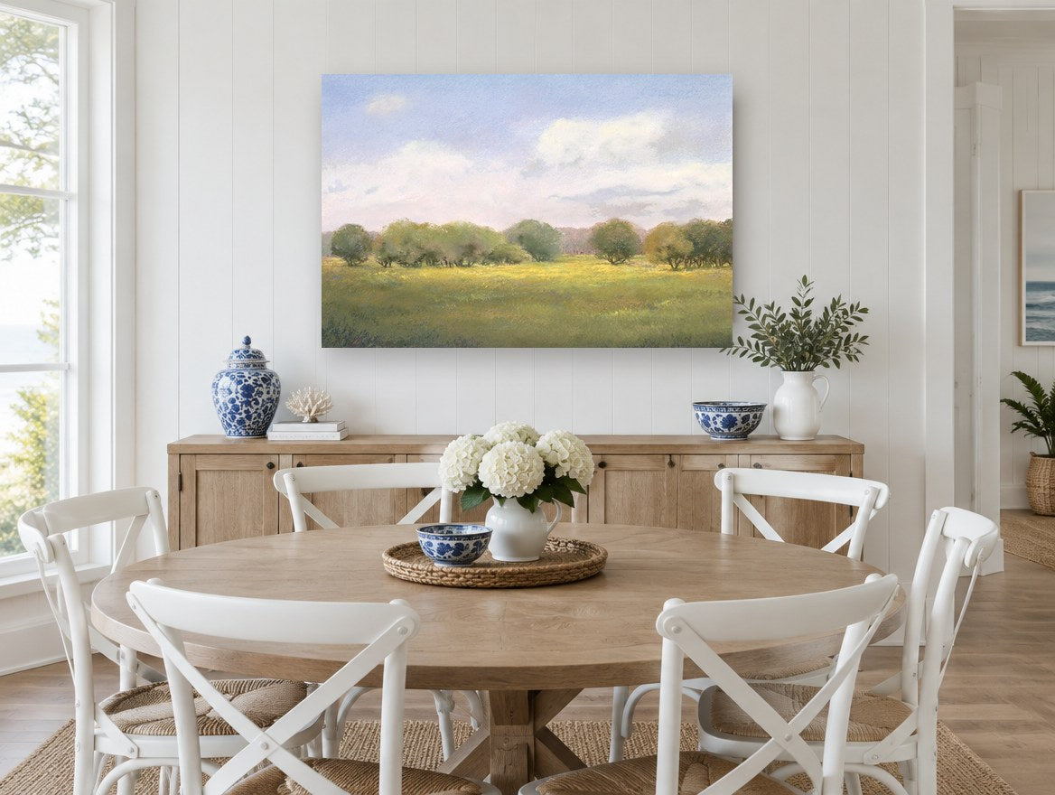 Meadow Light landscape canvas print on the wall of a Hamptons dining room