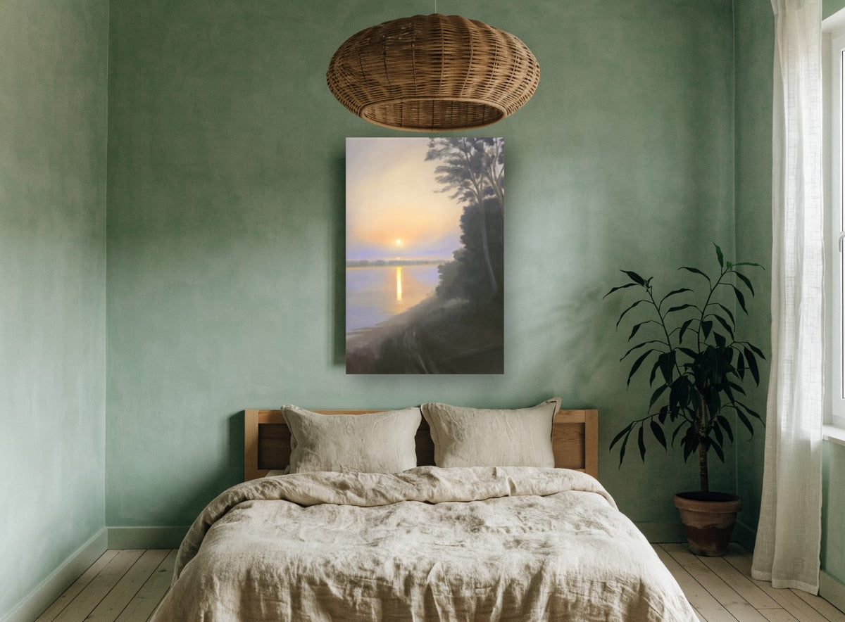 Hazy Dawn Shoreline landscape canvas print on the wall of a bedroom