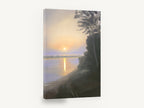 Hazy Dawn Shoreline, misty sunrise lake reflection painting, landscape canvas wall art print ready to hang