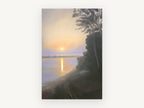 Hazy Dawn Shoreline, misty sunrise lake reflection painting, landscape canvas wall art print, front view