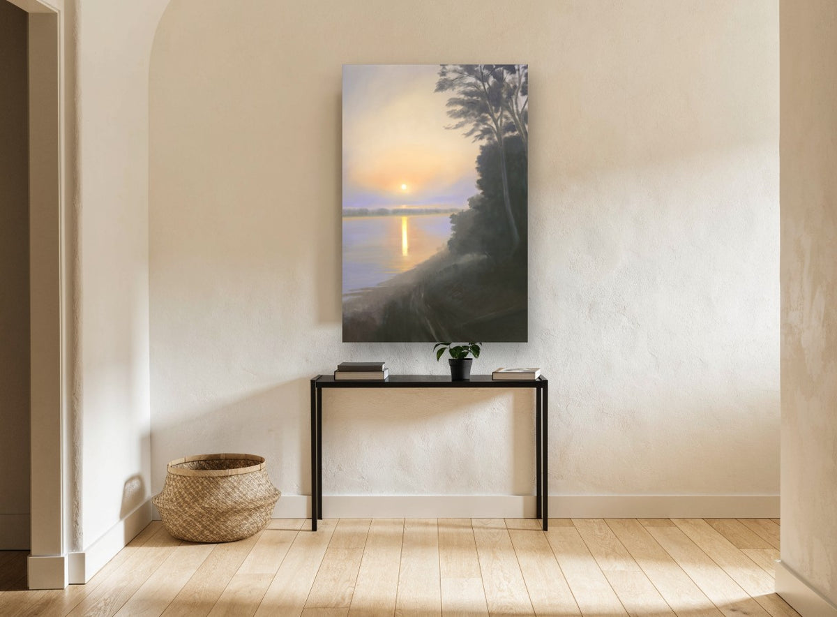 Hazy Dawn Shoreline landscape canvas print on the wall of a hallway