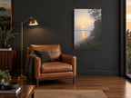 Hazy Dawn Shoreline landscape canvas print on the wall of a charcoal living room