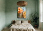 Peach Peonies on Script floral canvas print on the wall of a bedroom