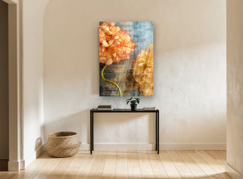 Peach Peonies on Script floral canvas print on the wall of a hallway