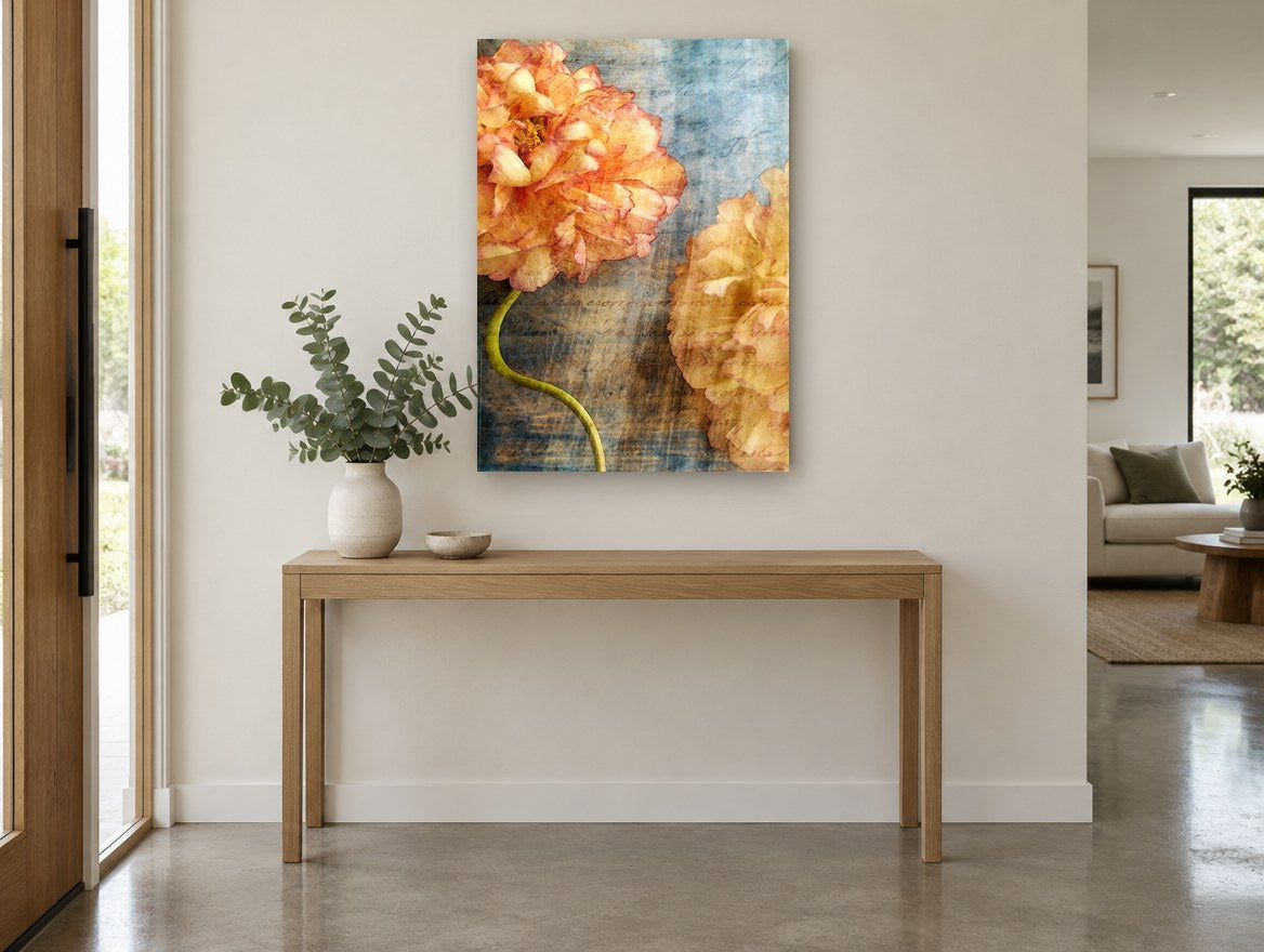 Peach Peonies on Script floral canvas print on the wall of a entry hall