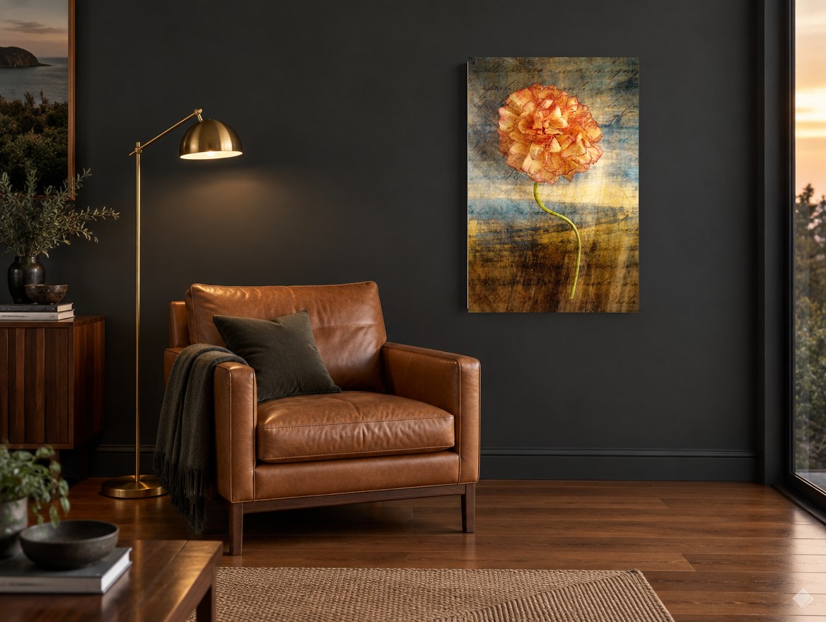 Script Ranunculus Stem floral canvas print on the wall of a charcoal living room