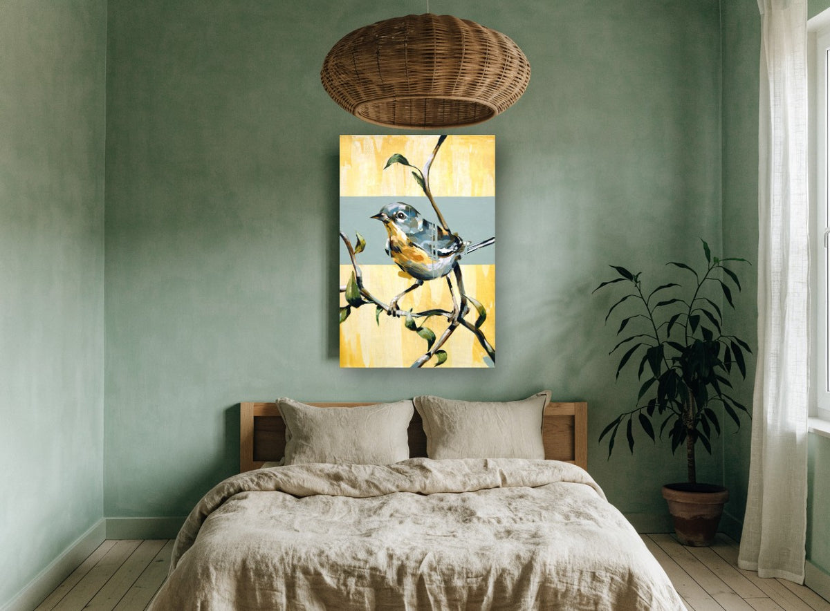 Warbler on Yellow Bough floral canvas print on the wall of a bedroom
