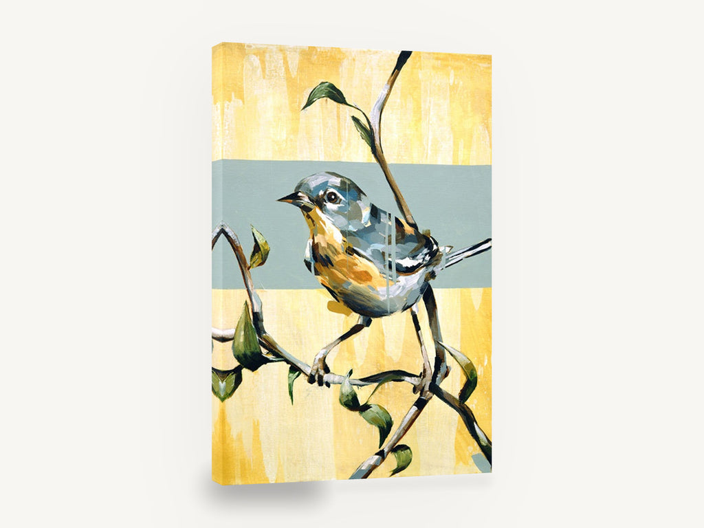 Warbler on Yellow Bough, warbler bird on branch yellow blue, floral canvas wall art print ready to hang