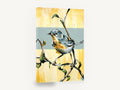 Warbler on Yellow Bough, warbler bird on branch yellow blue, floral canvas wall art print ready to hang