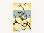 Warbler on Yellow Bough, warbler bird on branch yellow blue, floral canvas wall art print ready to hang