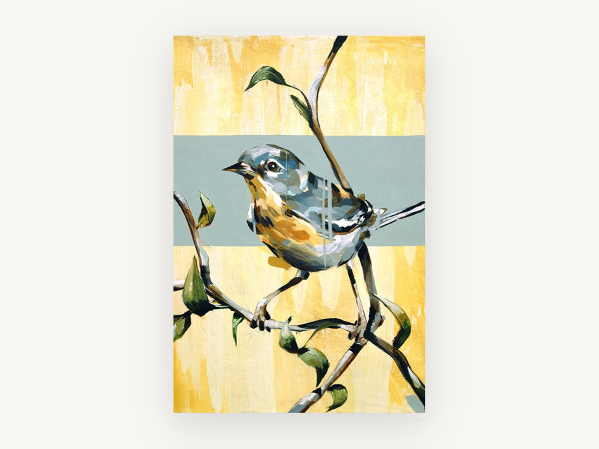 Warbler on Yellow Bough, floral canvas wall art print, front view