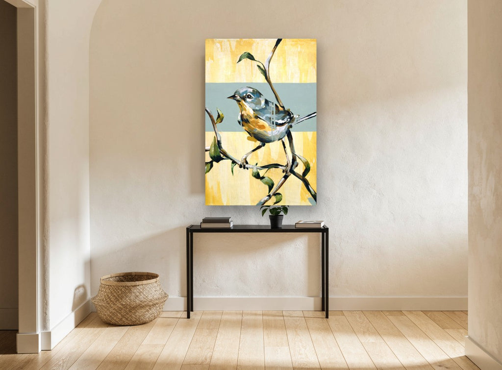 Warbler on Yellow Bough floral canvas print on the wall of a hallway