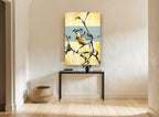 Warbler on Yellow Bough floral canvas print on the wall of a hallway