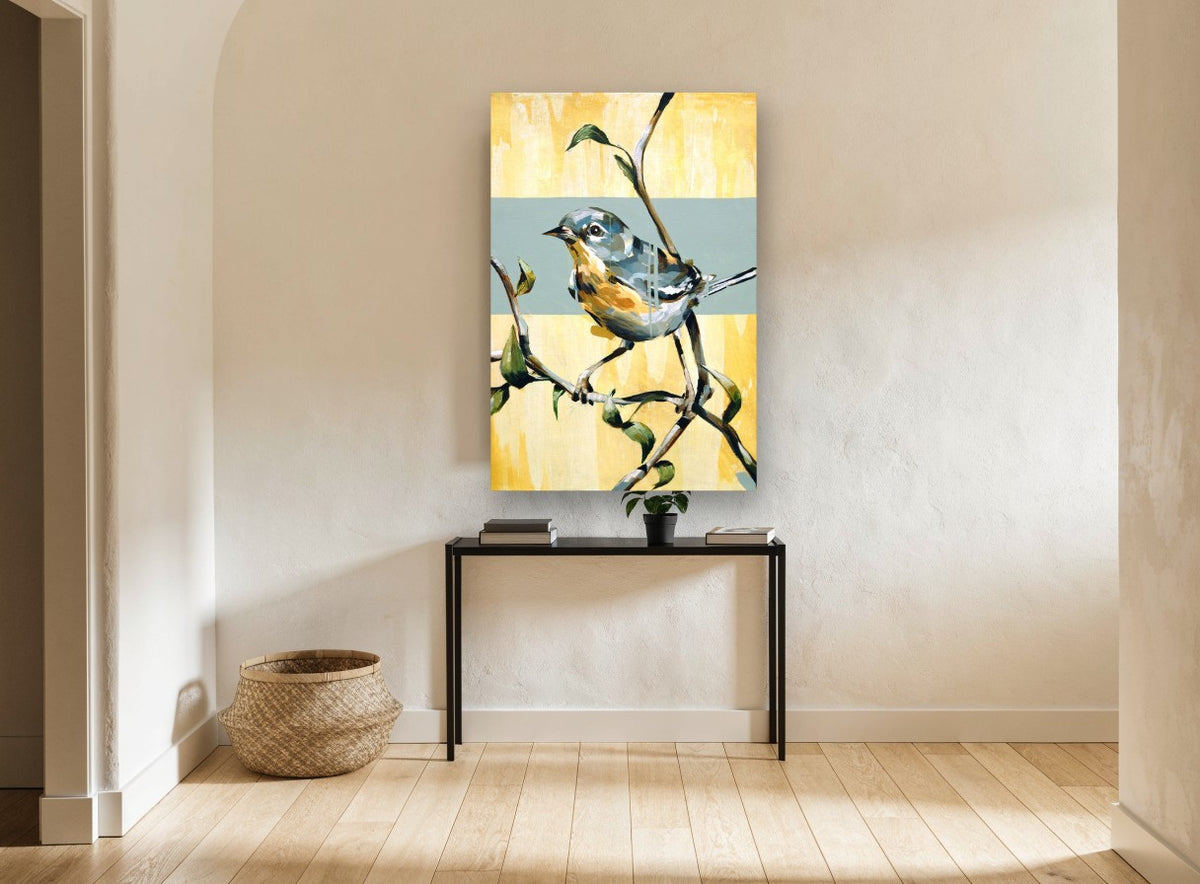 Warbler on Yellow Bough floral canvas print on the wall of a hallway